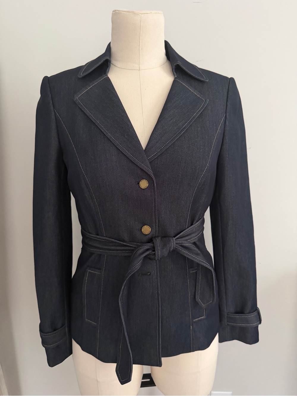 Alex Marie Navy Blue Denim Belted Blazer
